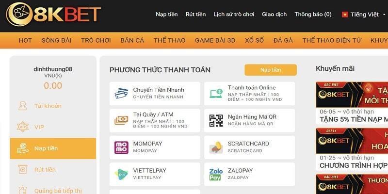 Màn hình các phương thức nạp tiền 8KBET